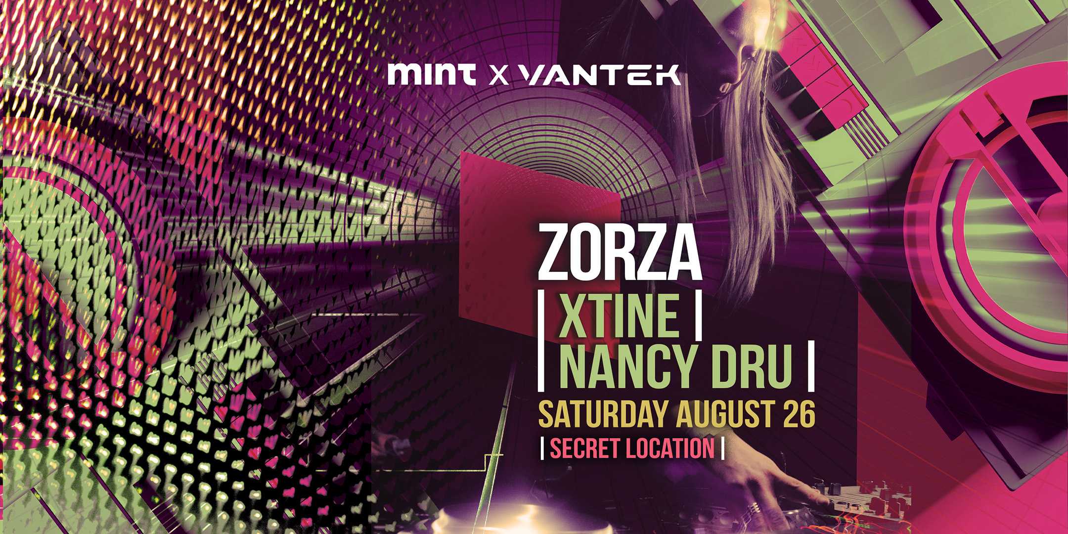 Mint pres. Zorza, xtine & Nancy Dru — event flyer, 26 August 2023