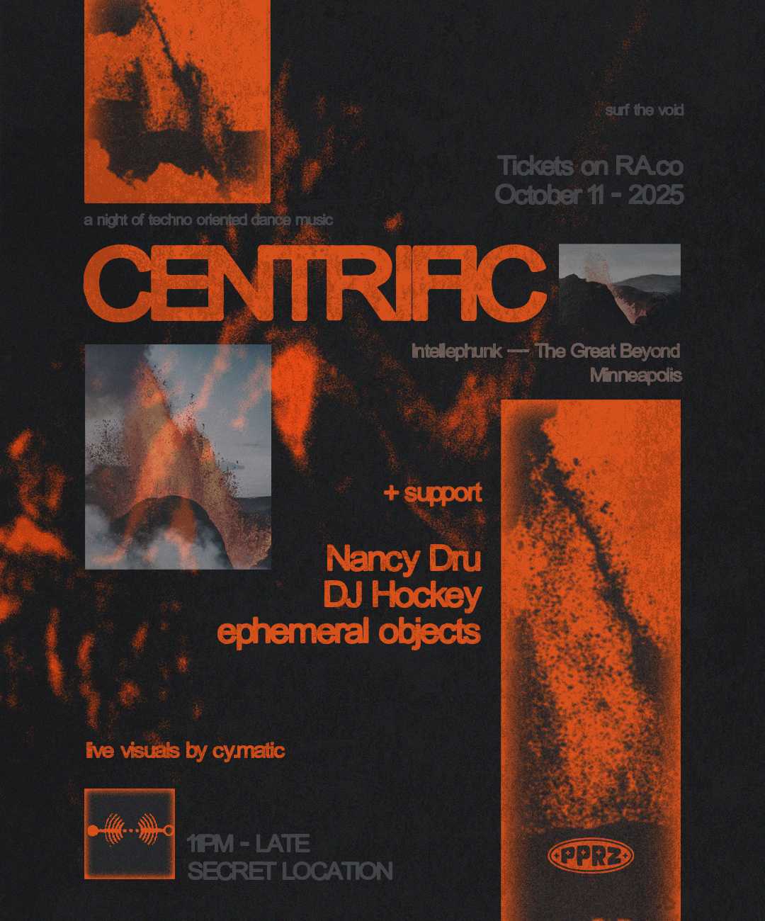 Centrific (MN, The Great Beyond) + Nancy Dru, DJ Hockey & ephemeral objects — event flyer, 11 October 2025